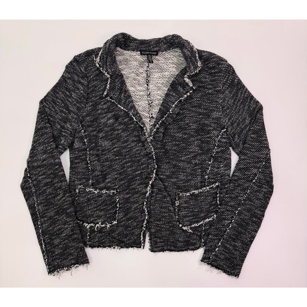 Eileen Fisher Black White Textured Fringe Tweed Blazer Cardigan Size S Petite - Picture 8 of 11